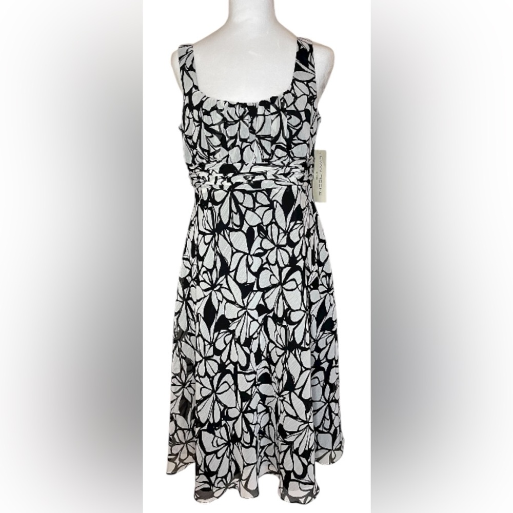 Evan Picone Sleeveless black & white floral ruched cocktail dress Women’s Sz 10
